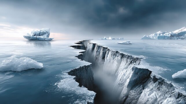 Massive crack in icy landscape with floating icebergs in the distance