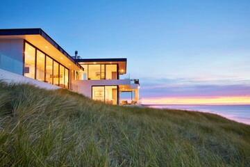 Obraz premium Modern House on a Hill Overlooking the Ocean During Sunset Near a Sandy Beach