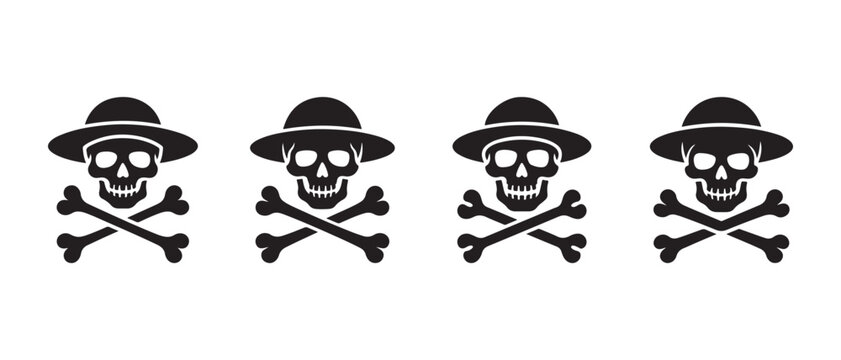 Black Skull and Crossbones Icons. Wearing Safari Pith Helmets, Explorer Danger Concept Set.