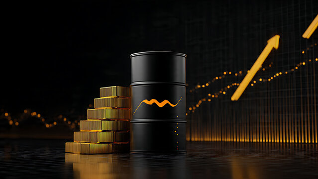 Black oil barrel, gold steps, rising arrow graph on black background, 3D rendering, concept for energy market, market analysis, financial news promotion