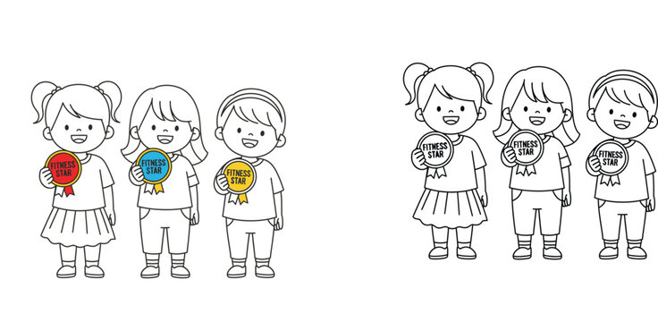 Children Holding Fitness Star Medals Illustration with Black and White Line Art Version for Coloring Book, Kids Achievement Award for Sports and Physical Education Vector Set