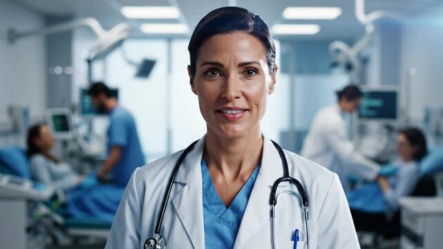 Focused medical professional with stethoscope smiles in a busy intensive care unit setting, patients in beds