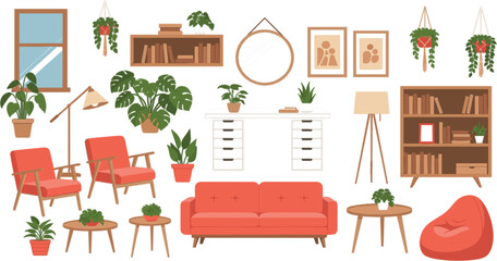 Obraz premium Modern living room interior set with sofa plants shelves furniture decor cozy home design elements vector illustration collection