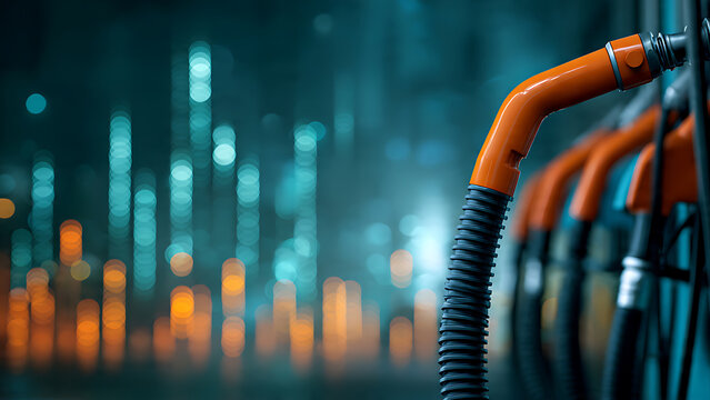 Close-up of orange EV charging nozzles with bokeh lights in background, dramatic lighting, suitable for electric car advertising, environmental awareness and sustainability promotion