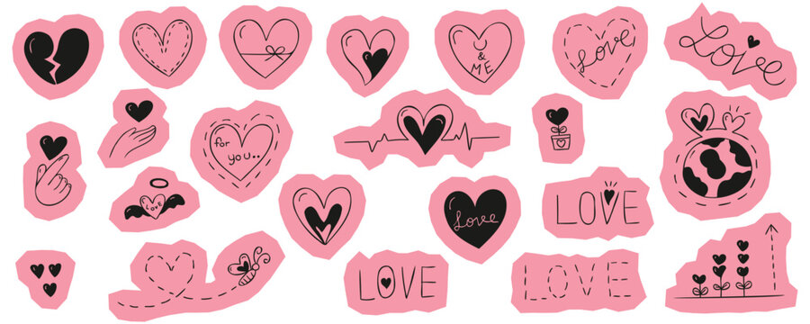Scrapbook set of hand drawn pink heart shapes and love icons including broken heart globe butterfly finger heart and hand drawn text symbols for romance and valentines vector design.