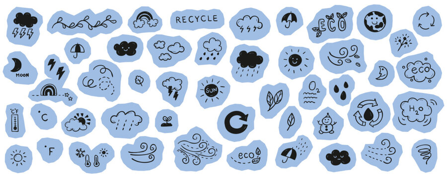 Scrapbook set of hand drawn blue featuring weather icons environmental symbols and ecology elements including recycle sign sun clouds rain and earth concepts vector design.