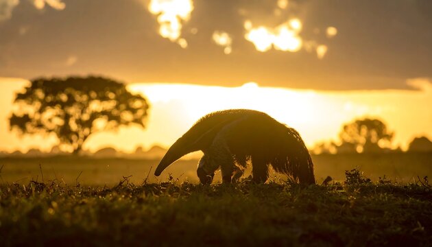 Silhouetted anteater at sunset
