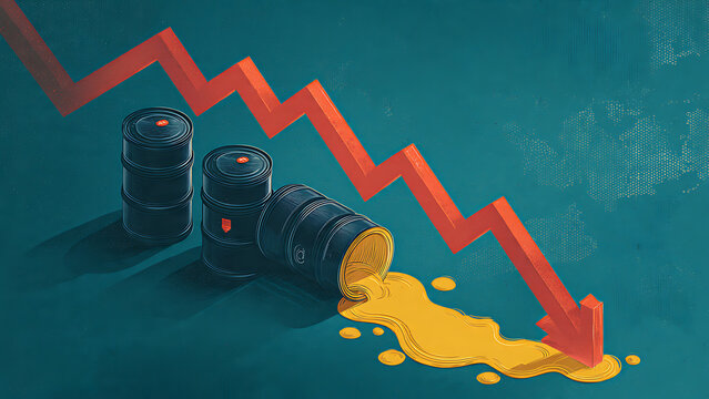 Dramatic illustration of oil barrels with spilling oil and a descending red arrow, a concept for energy crisis, market downturn and economic struggles