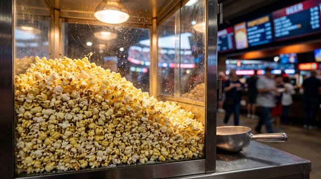 Close-Up of Fresh Buttered Popcorn in a Professional Popper Machine at a Sports Stadium Concession Stand
