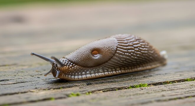 Close-up of a brown garden slug with tentacles extended, on a damp wooden surface
