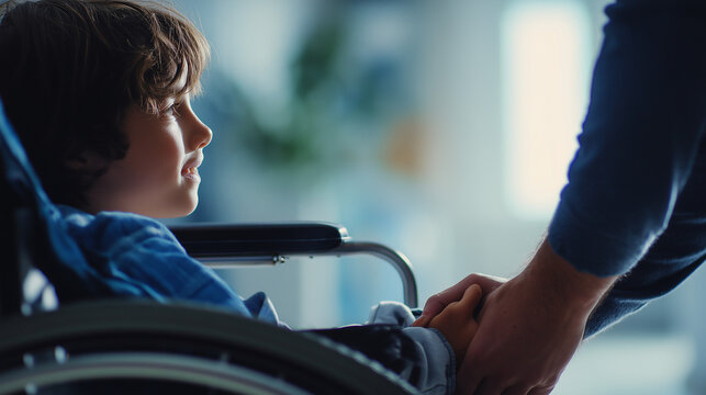 Child in wheelchair holding adult hand. Support, care, trust and inclusive healthcare concept.