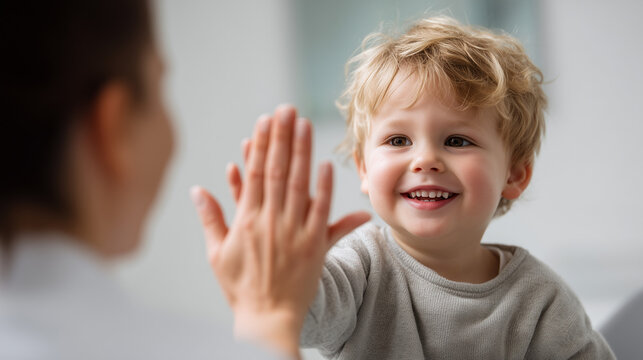 Happy child giving high five to parent, positive parenting, bonding, encouragement and emotional development in bright home interior.