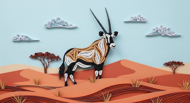 Handmade paper quilling art with wild oryx antelope standing in dry orange desert dunes