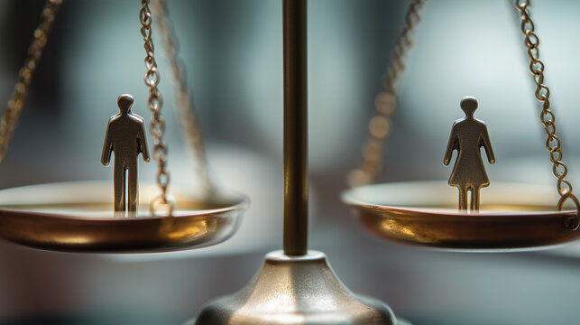 Scales with male and female symbols balancing, gender equality and fairness concept.