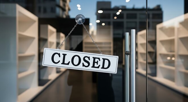 A closed sign hangs on a storefront door with empty shelves visible through the glass in a city.