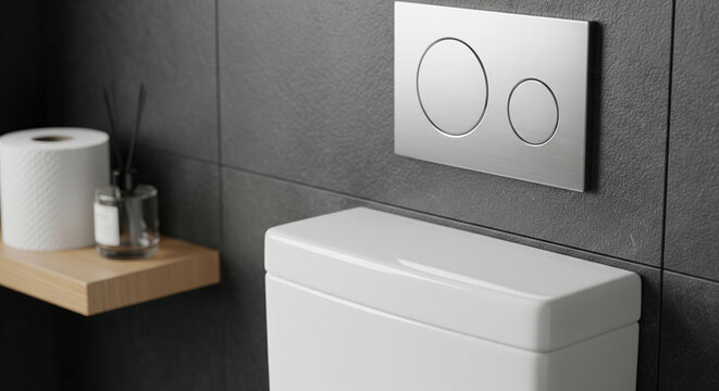 Metallic dual flush button on dark gray tile wall above white ceramic toilet in bathroom