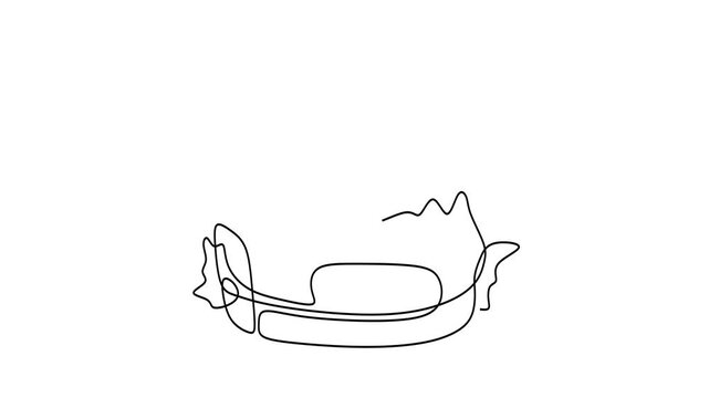Animated self drawing of continuous line draw of  Silhouette of fast food restaurant burger with cheese, cutlet and salad.    Full length one line animation. 4K