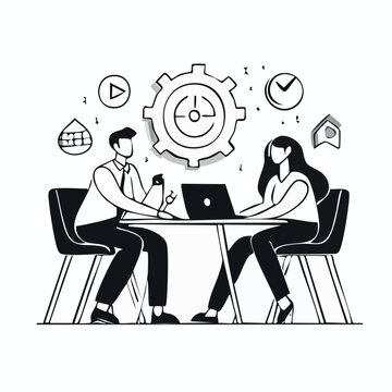 Business characters collaborate with laptop and gear icon office workers business meeting business people business success business strategy business teamwork business collaboration teamwork
