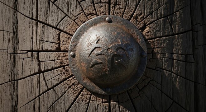 Cracked Wooden Shield Boss with Metal Emblem
