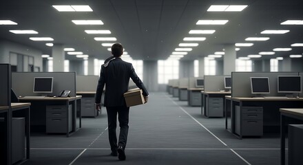 Fototapeta premium Man walks down office hallway with computers and desks on both sides