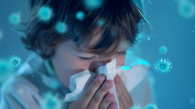 Sick child sneezing into tissue with floating virus particles, healthcare and seasonal infection concept, cold, flu, respiratory illness, hygiene, immunity and pediatric health awa
