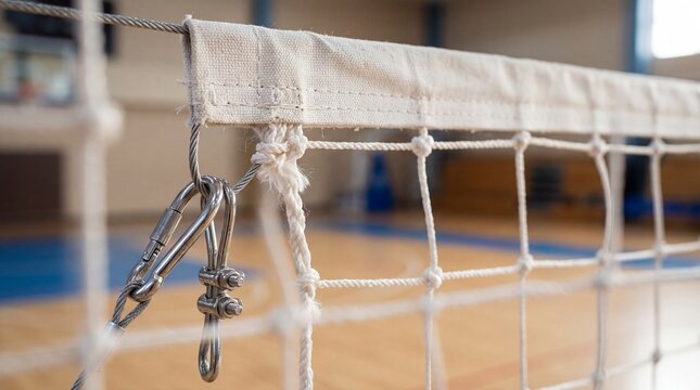 Close-up Detail of a Volleyball Net with Metal Carabiner Tensioners and Steel Cable in an Indoor Sports Gymnasium Arena