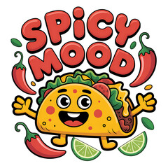 Obraz premium Spicy mood taco cartoon illustration with chili pepper colorful funny food design