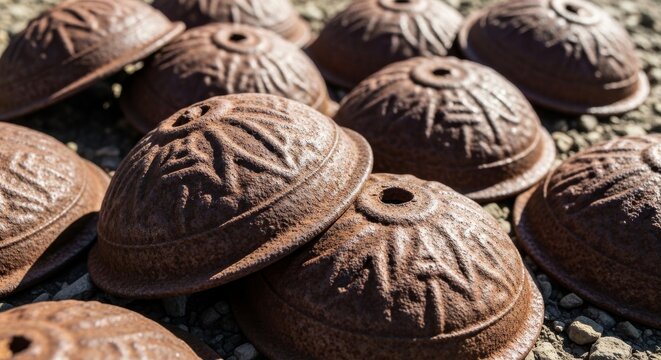 Pile of Rusted Iron Shield Bosses Outdoors