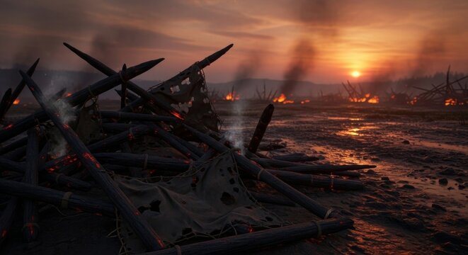 Scorched Siege Engine Wreckage in War-Torn Battlefield