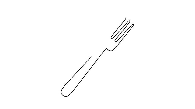 Animated self drawing of continuous line draw of  crossed spoon and fork.   Full length one line animation. 4K