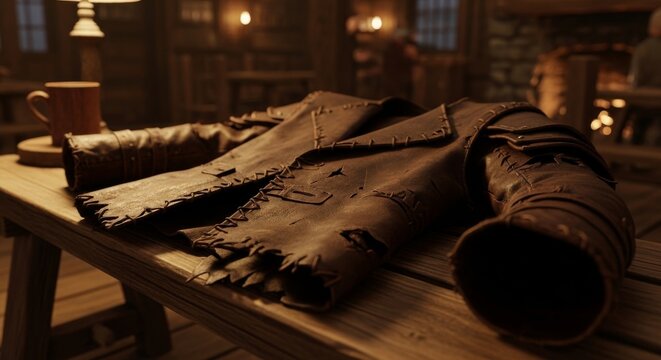 Frayed Leather Jerkin With Undone Stitching on Wooden Table