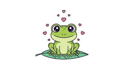 Fototapeta premium Adorable green cartoon frog sitting on a lily pad leaf with small pink hearts representing love, friendship, and happiness in a pond environment.