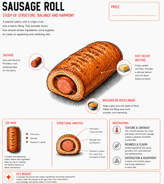  Roll de salchicha envuelto en masa con ingredientes explicados.
