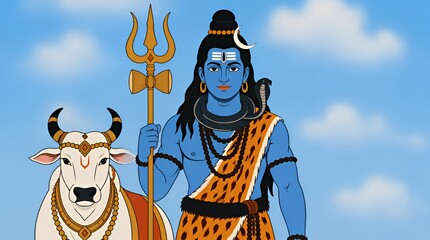 Obraz premium Blue Lord with Trident and Cow in Indian Mythology Scene