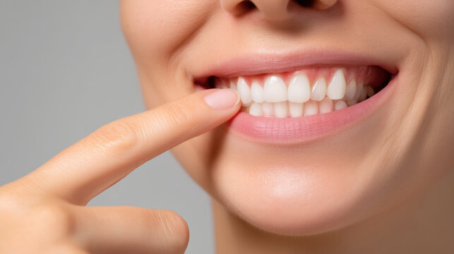 Close up of woman showing healthy gums and teeth with finger, dental care and oral hygiene concept, stomatology checkup, bright smile, gum health and preventive dentistry image Pho