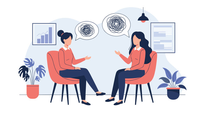 Two women sitting in comfortable chairs and having a serious conversation with tangled thought bubbles representing mental health support.