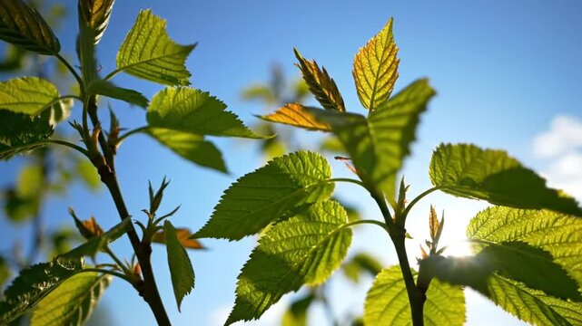 Sunlight shining through the vibrant green leaves of a young tree against a clear blue sky