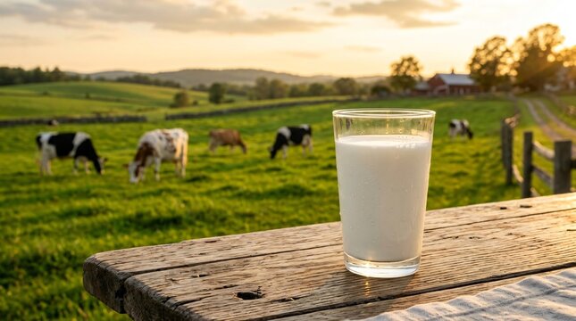 Fresh Glass of Milk on Wooden Table with Cows on Farm at Sunset