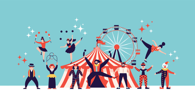 Circus performers and big top tent illustration showing a vibrant scene with acrobats, clowns, jugglers, and a ferris wheel at a carnival.