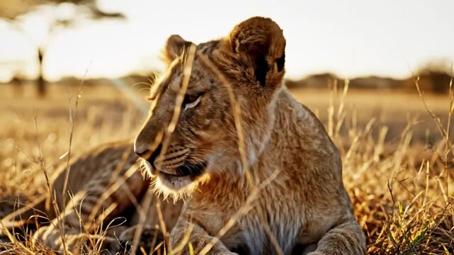 Adorable lion cub resting in dry grass under the warm glow of the sun in African savanna wildlife