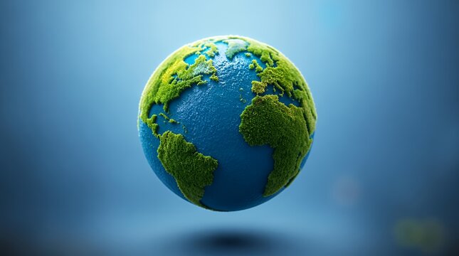Colorful Earth Globe Covered in Green Moss Floating in Blue Studio