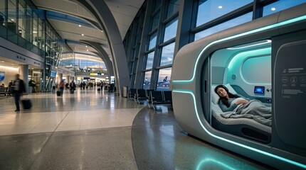 Obraz premium Technology enhanced airport sleep pod shown in modern terminal