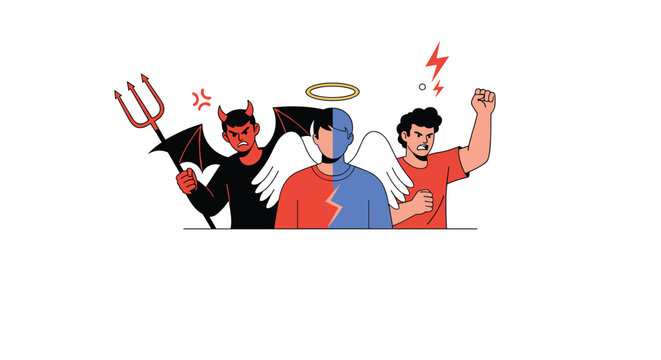 Conceptual illustration of a mans internal moral conflict represented by angel and devil personas on his shoulders.