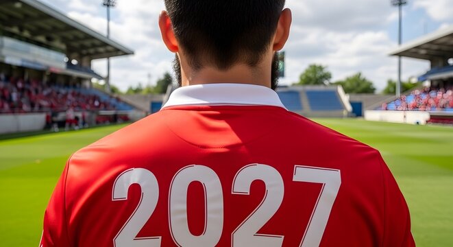 Soccer player wearing jersey number 2027 stands on green field facing stadium bleachers.