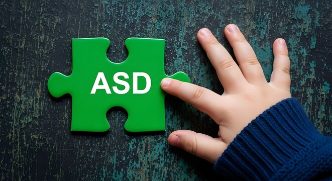 Hand placing a green puzzle piece with the letters ASD on a dark textured background.