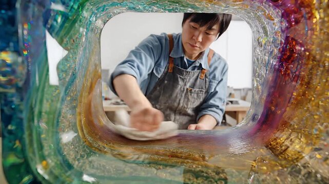 Woman cleaning vibrant multicolored glass sculpture with white cloth, studio workshop environment, dynamic swirling patterns, symbolizing creativity and attention to detail.