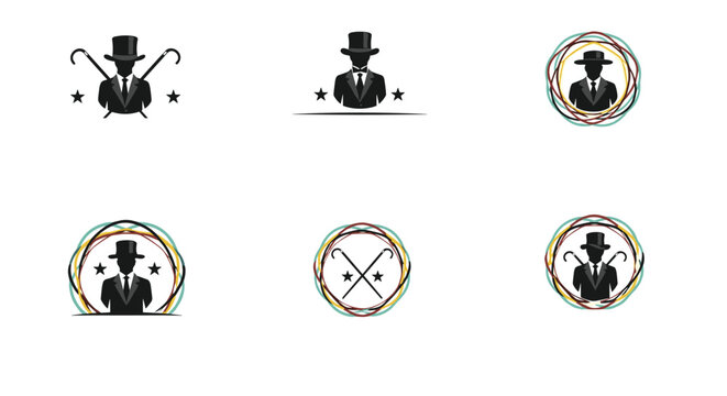 Gentleman and spy logo set featuring silhouettes of men in suits with top hats and walking sticks framed by colorful circular brush strokes.