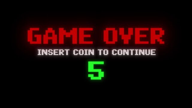Retro 8-bit game over screen with 10 second countdown and glitching text on a black background