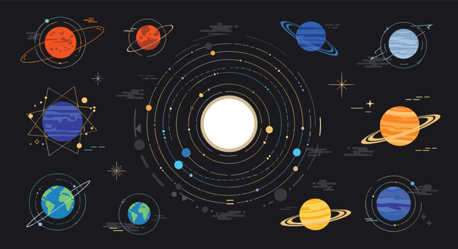 Solar system diagram showing the sun and planets orbiting in space with stars and nebulae in a flat design style.