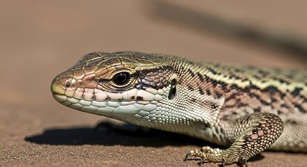 Fototapeta premium Close-up of a common lizard?s head and scales, basking in sunlight
